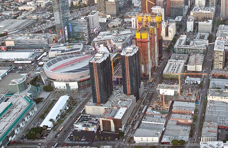 aereal view of the staples center and surrounding buildings