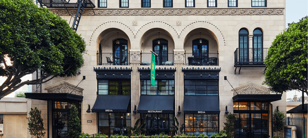 exterior shot of entrance to hotel figueroa