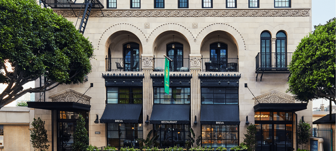 exterior shot of entrance to hotel figueroa