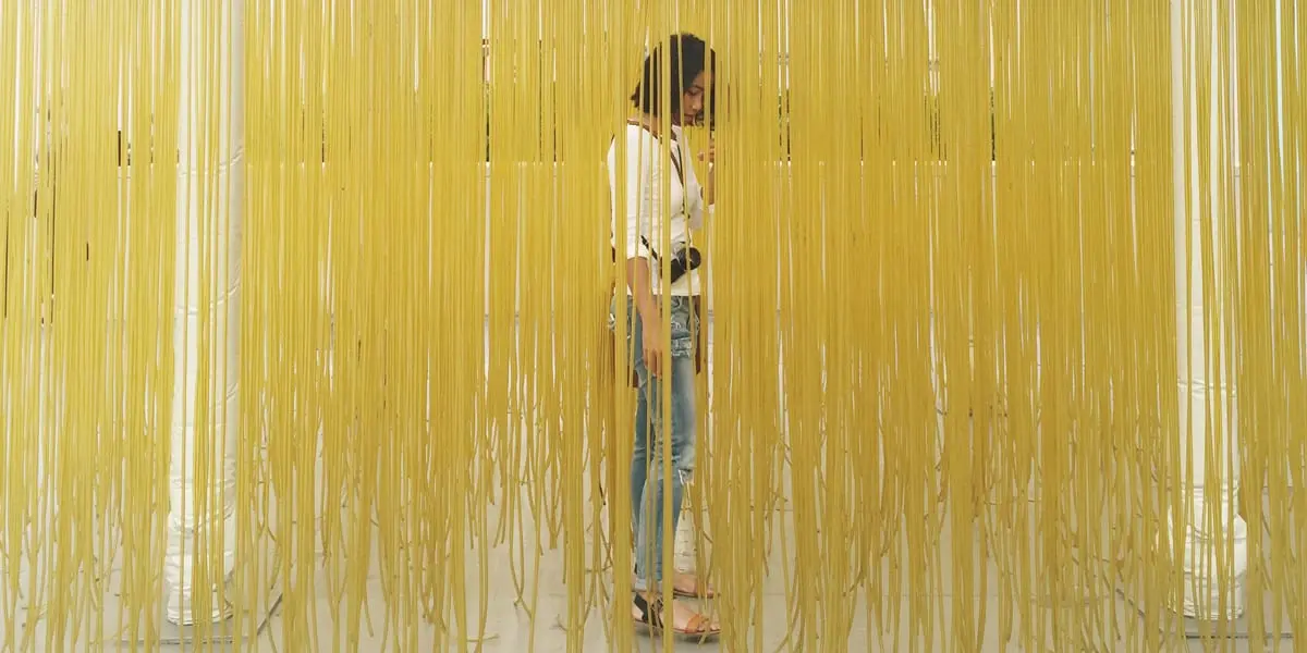 woman standing behind string curtain