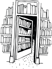 illustration of library shelves and bookcase