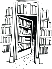 illustration of library shelves and bookcase