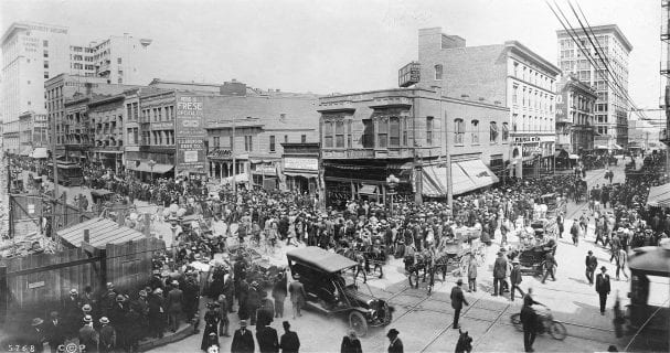 old time photo of the streets of downtown Los Angeles