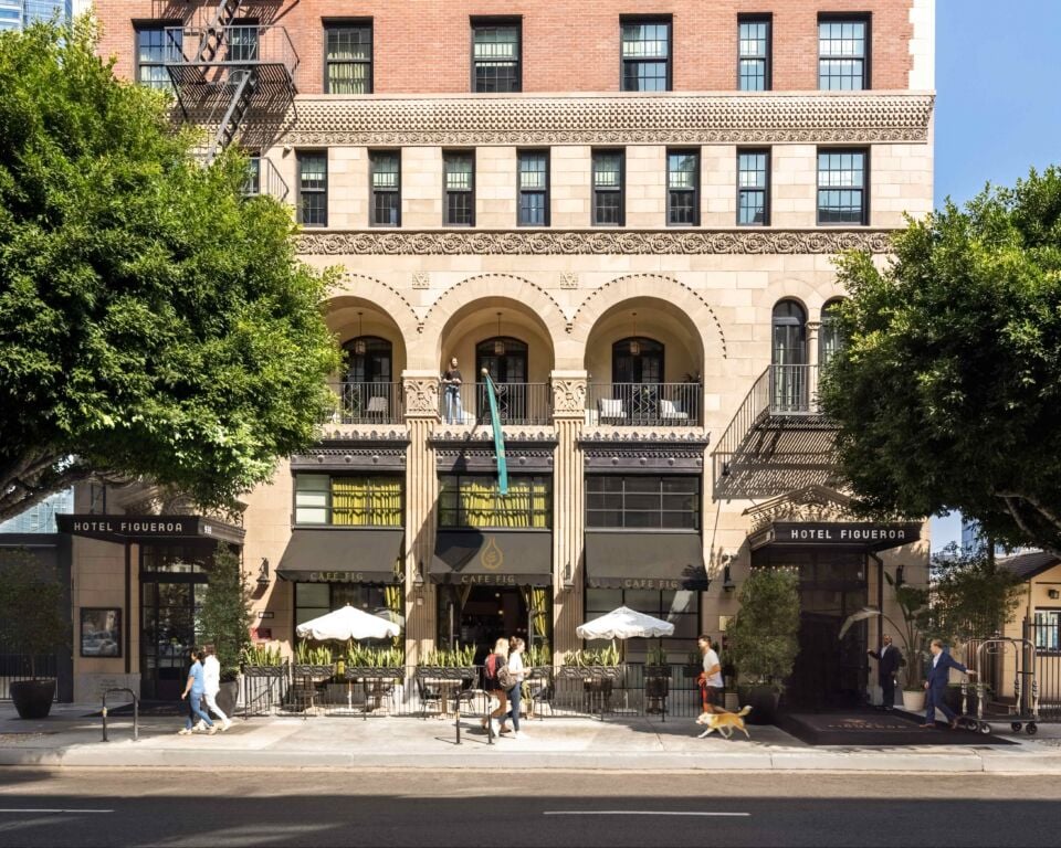 Hotel Figueroa Front Exterior Updated Cafe Fig with people 2022 (1) (1)